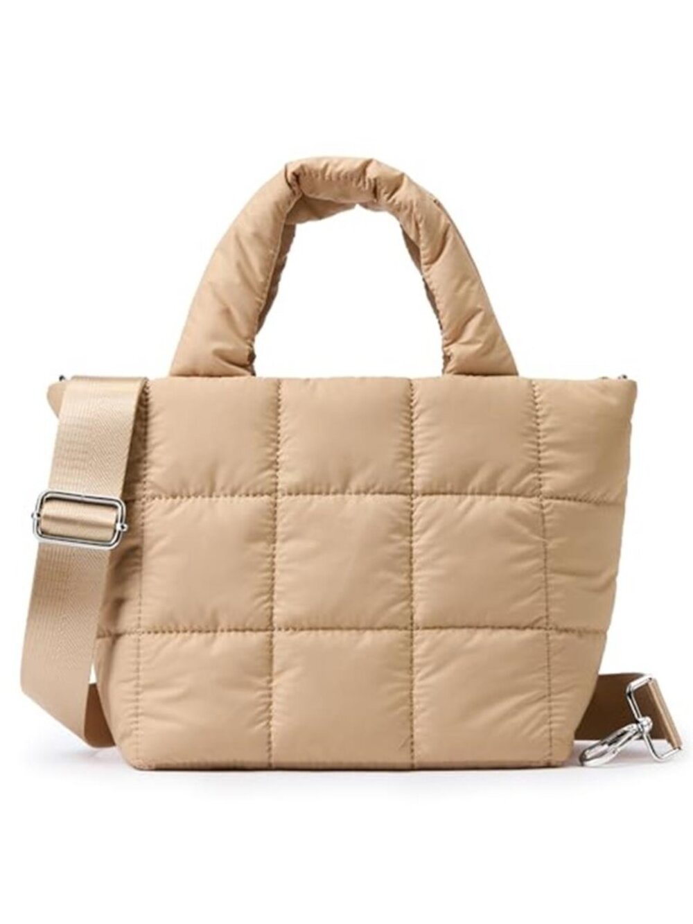 Beige Quilted Puffer Tote Bag Lightweight Nylon Crossbody Shoulder Purse